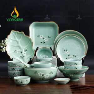 Chén Đĩa Sứ Men Ngọc Vẽ Hoa Đào - SVN BBA 02042403