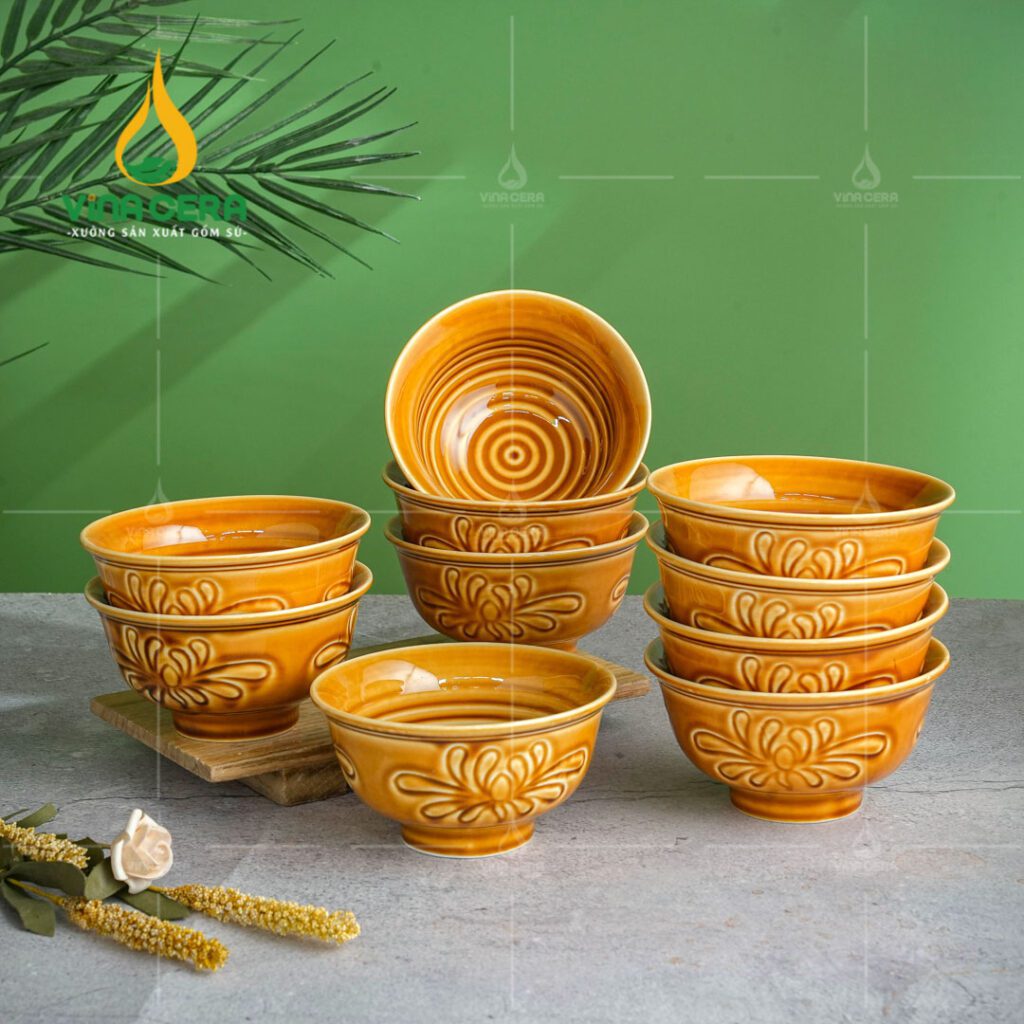 Chén Đĩa Sứ Dáng Sen Men Hoàng Thổ