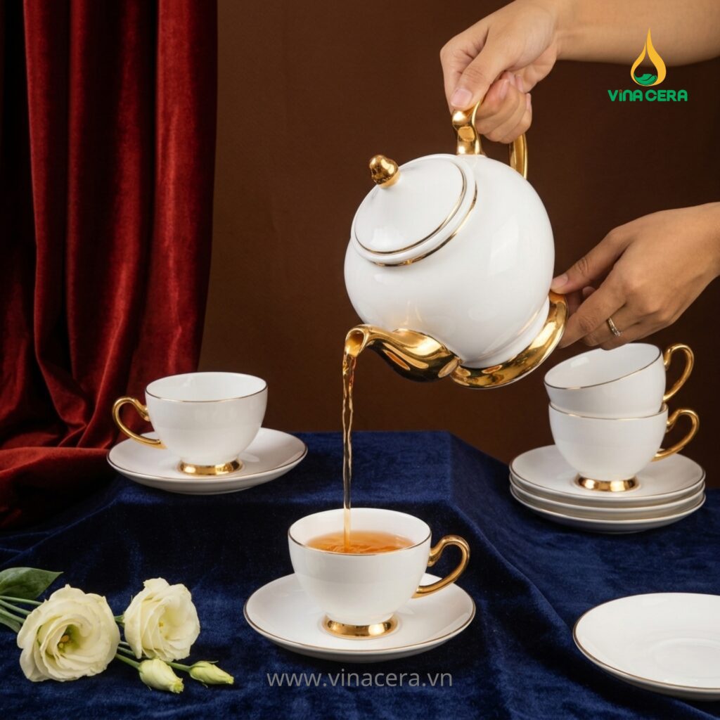 Bộ Ấm Trà Hoàng Cung Mạ Vàng Gốm Sứ Bát Tràng Vinacera Bộ ấm trà Hoàng Cung mạ vàng gốm sứ Bát Tràng Vinacera cao cấp sang trọng