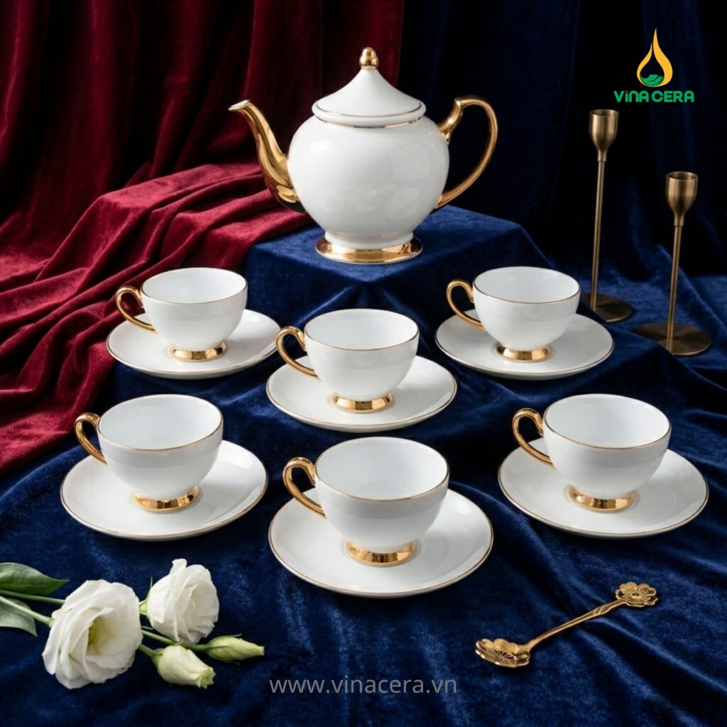 Bộ Ấm Trà Hoàng Cung Mạ Vàng Gốm Sứ Bát Tràng Vinacera Ấm trà Hoàng Cung Bát Tràng Vinacera mạ vàng phong cách hoàng gia