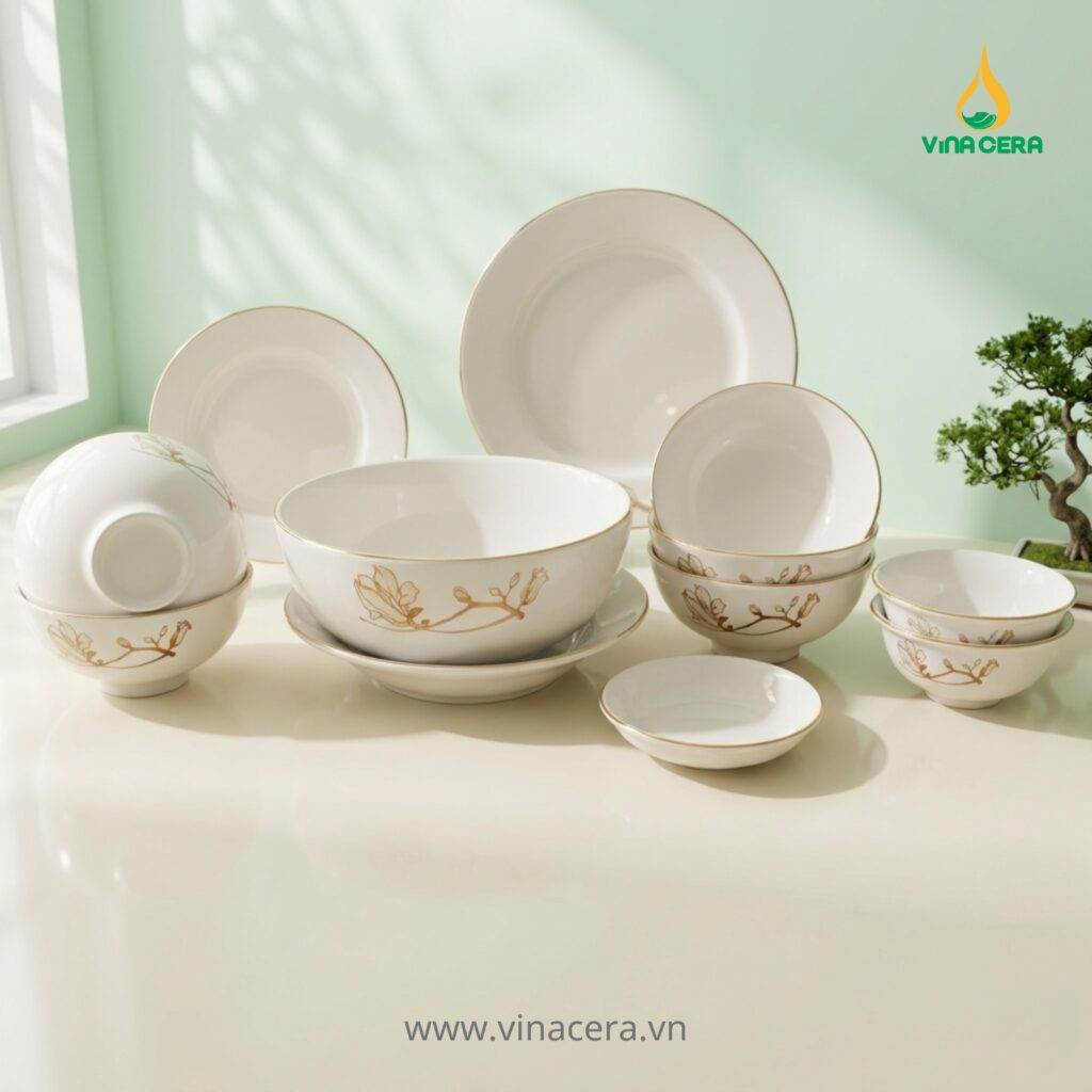 Bộ Bát Đĩa Sứ Trắng Chỉ Vàng Hoa Đỗ Quyên Vinacera Cao Cấp Chi tiết hoa đỗ quyên vẽ trên bát đĩa sứ trắng viền vàng cao cấp