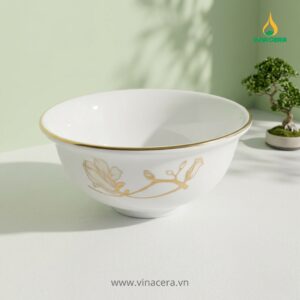 Bộ Bát Đĩa Sứ Trắng Chỉ Vàng Hoa Đỗ Quyên Vinacera Cao Cấp Bộ chén đĩa sứ trắng hoa đỗ quyên viền vàng cao cấp làm quà tặng