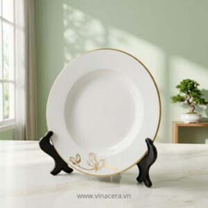Bộ Bát Đĩa Sứ Trắng Chỉ Vàng Hoa Đỗ Quyên Vinacera Cao Cấp Bộ đồ ăn sứ trắng hoa đỗ quyên chỉ vàng Vinacera dùng cho gia đình và nhà hàng