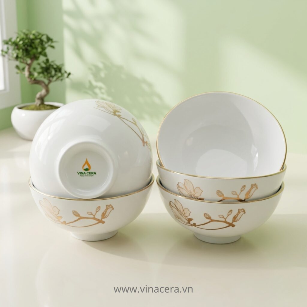 Bộ Bát Đĩa Sứ Trắng Chỉ Vàng Hoa Đỗ Quyên Vinacera Cao Cấp Set bát đĩa sứ trắng viền vàng họa tiết hoa đỗ quyên Vinacera đẹp tinh tế