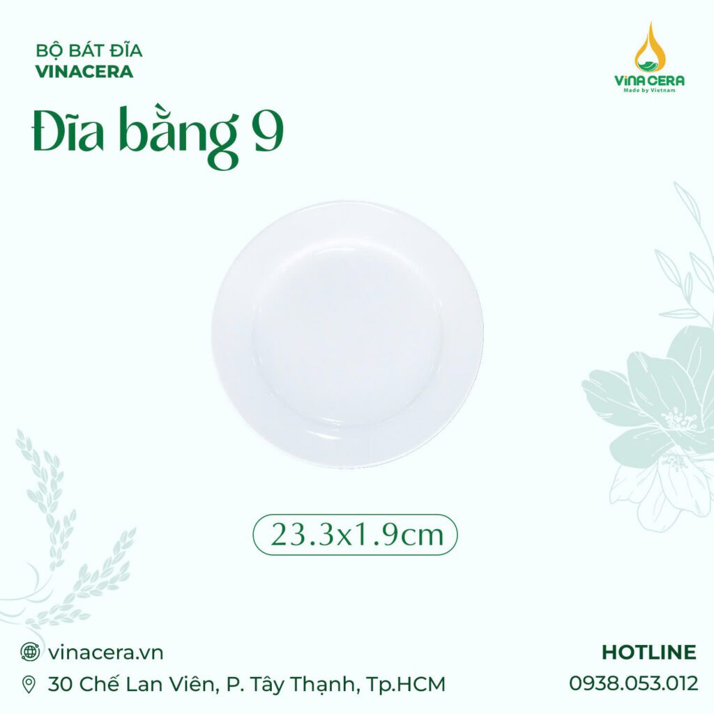 Đĩa Bằng 9 Sứ Trắng Cao Cấp Vinacera (23.3 x 1.9cm)