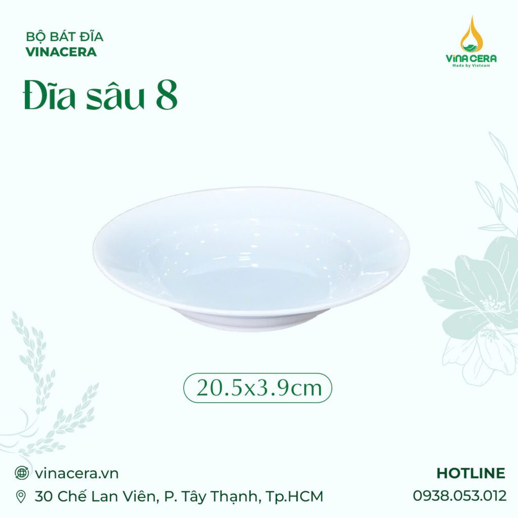 Đĩa Sâu 8 Sứ Trắng Cao Cấp Vinacera (20.5 x 3.9cm)
