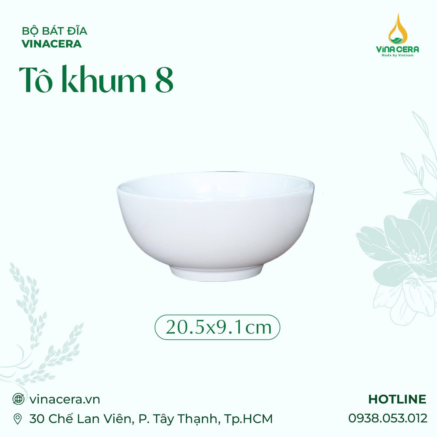 Tô Khum 8 Sứ Trắng Cao Cấp Vinacera (20.5 x 9.1cm)